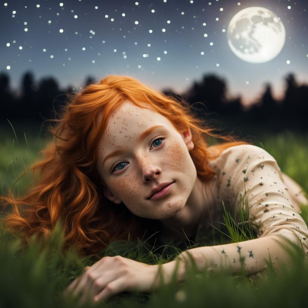 Ginger Woman Under a Starry Night Sky