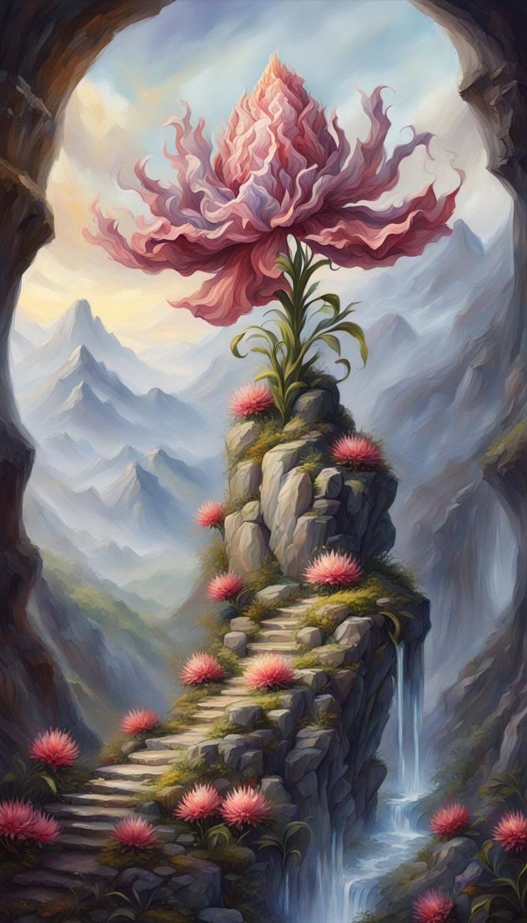 Fantasy Mountain Flower Painting with Ornate Details