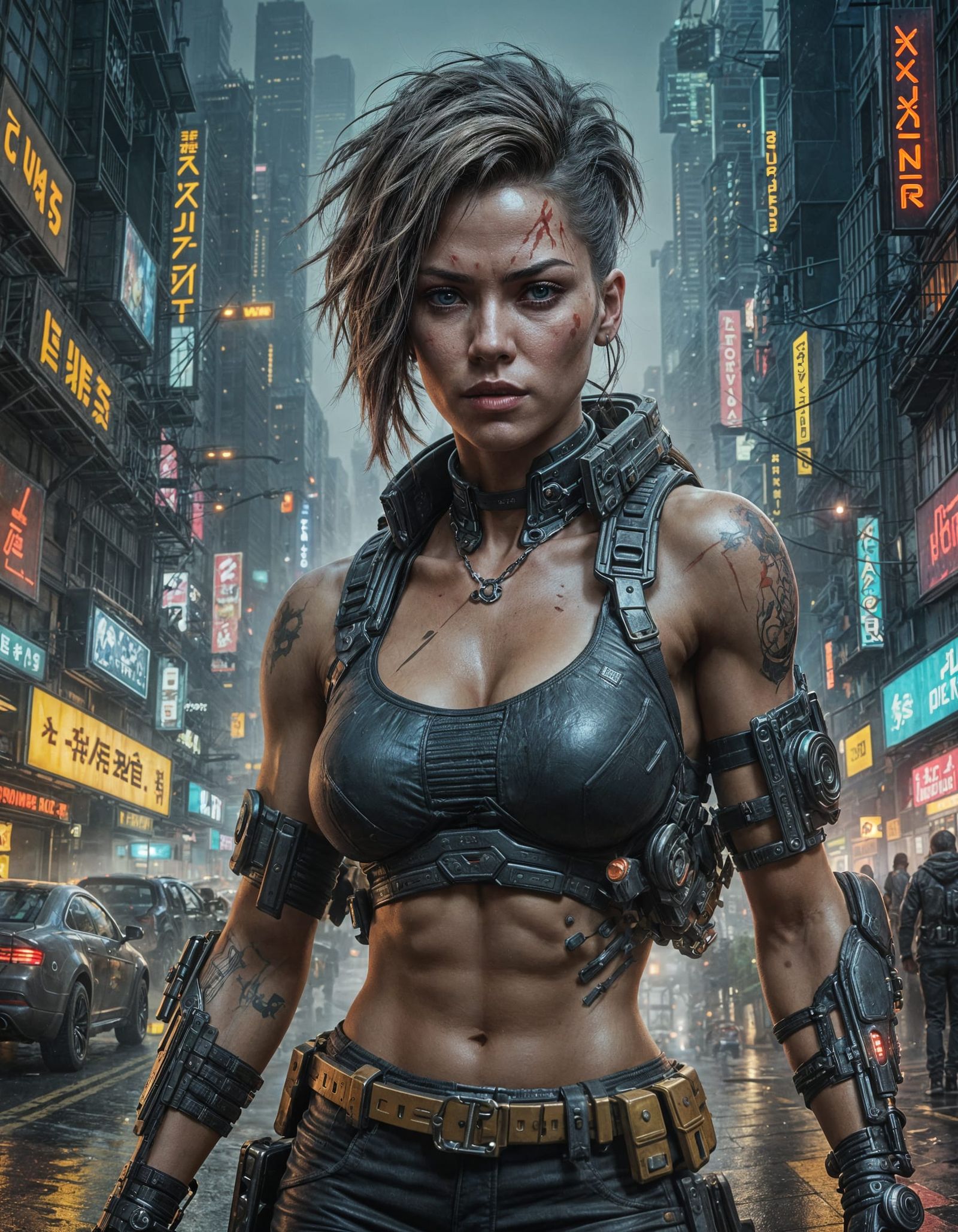 Cyborg in Night City Crayon Caricature