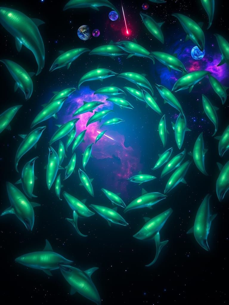 Celestial Swirl of Bioluminescent Dolphins in Space