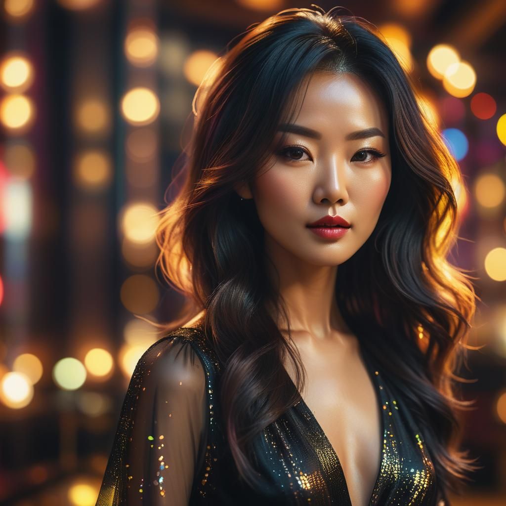 Elegant Asian Woman in Synthwave Portrait