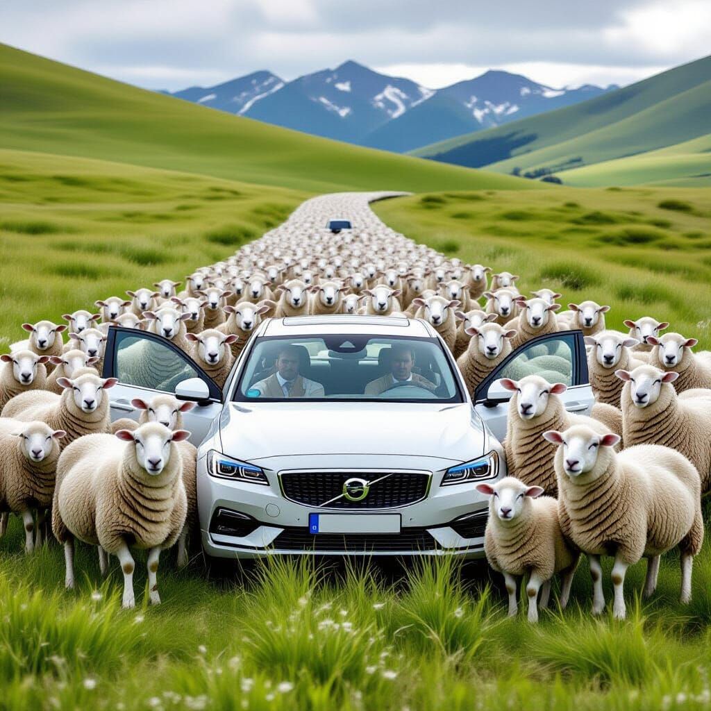 Sheep Block Car in Lush Landscape: Photorealistic