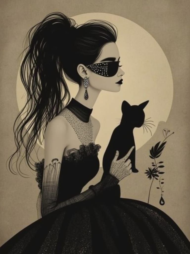 Noir Woman and Cat Silhouette in Sepia Illustration