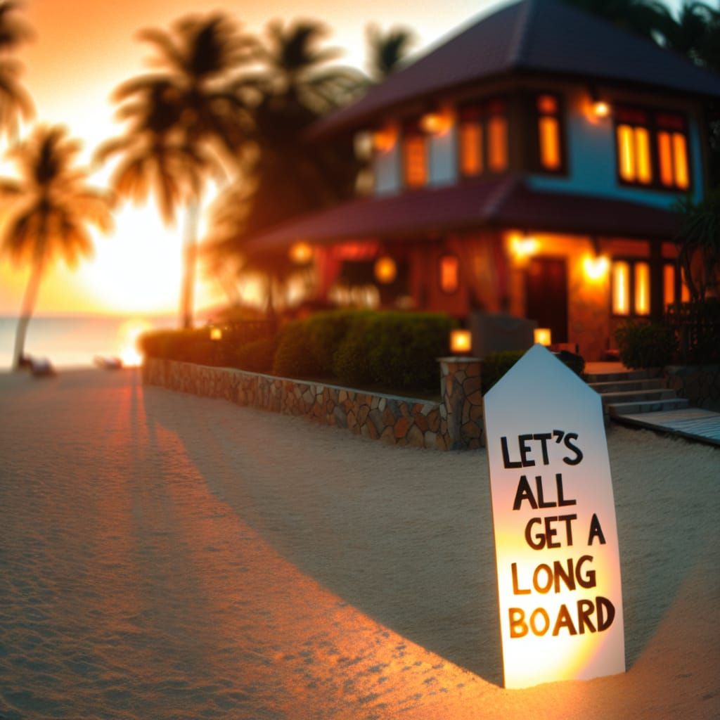 Beach House at Sunset with Surfboard Sign