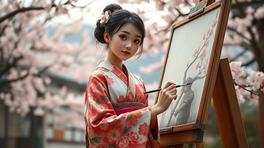 beautiful young and slender paintergirl paint a painting of ...