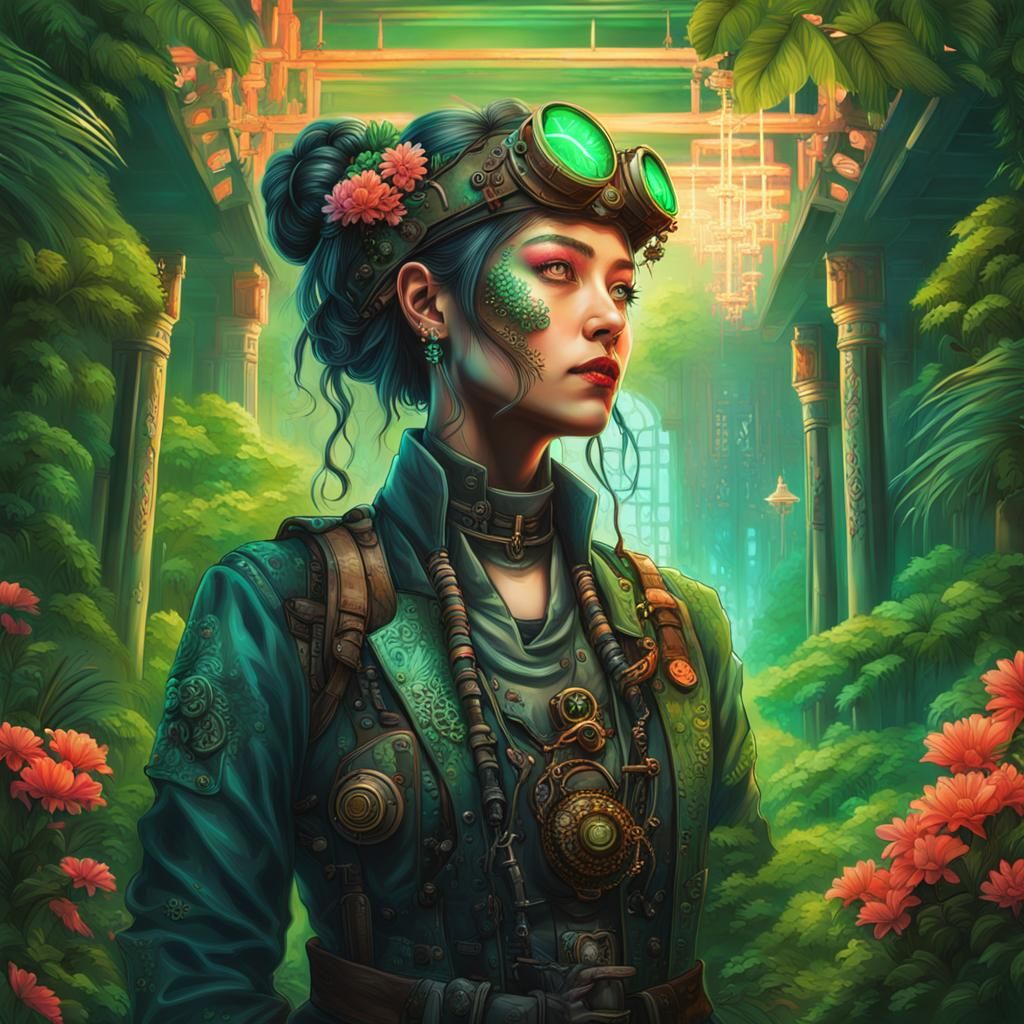 Steampunk Woman in Japanese Temple with Jungle