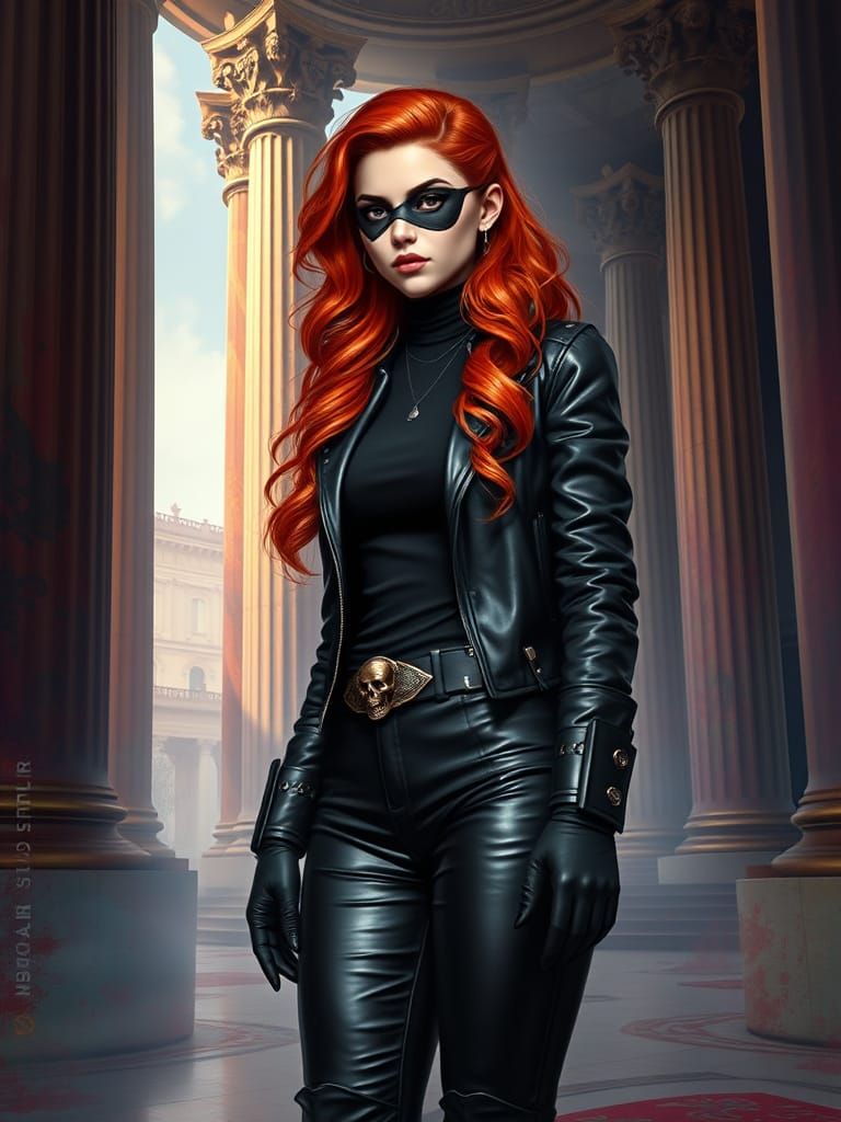 Red Haired Woman in Leather, Hyperrealistic Style