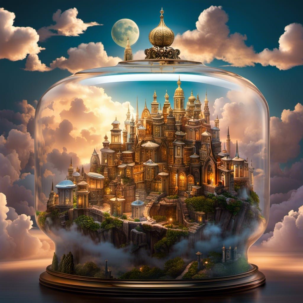 Floating City Dreamscape in Ornate Glass Jar