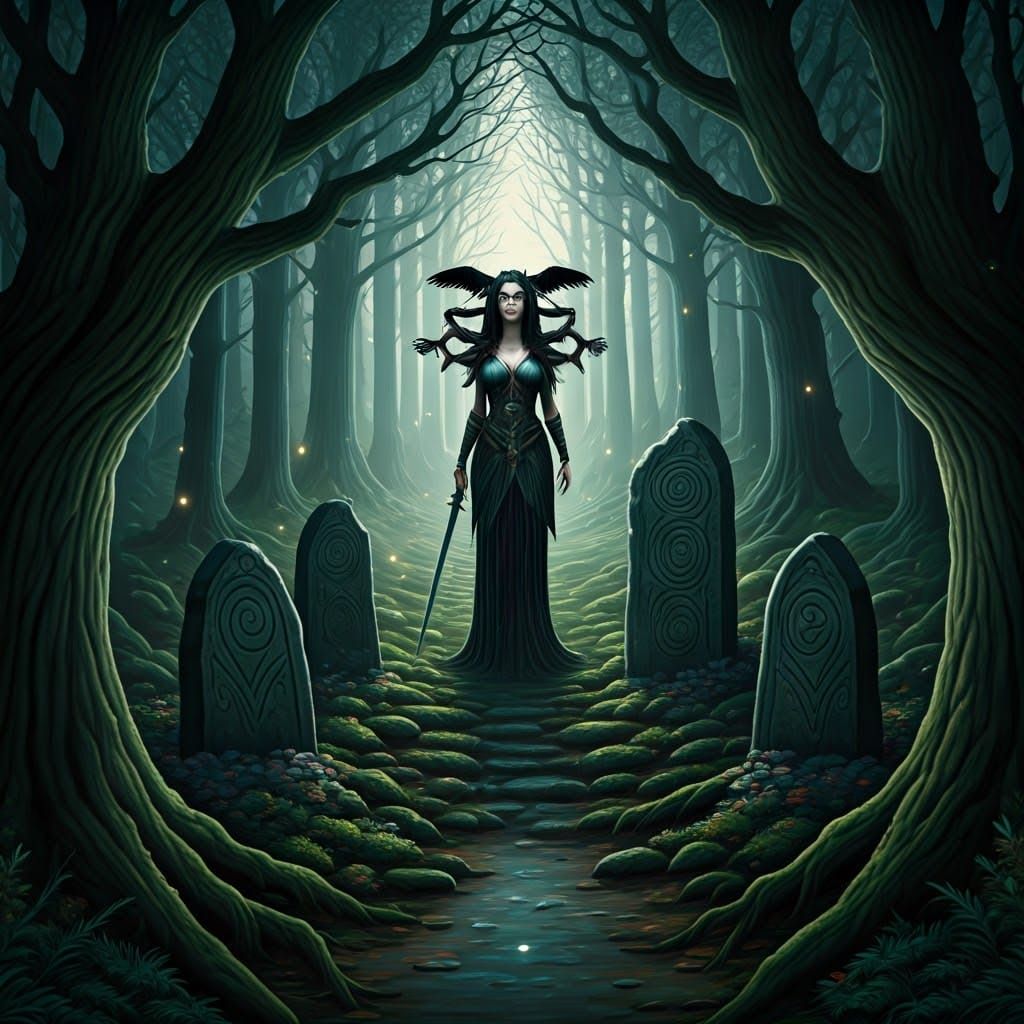 Celtic Goddess Morrigan and Cú Chulainn in Mystical Forest