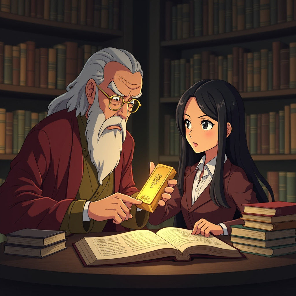 Anime Elder Shows Gold Bar in Ancient Library