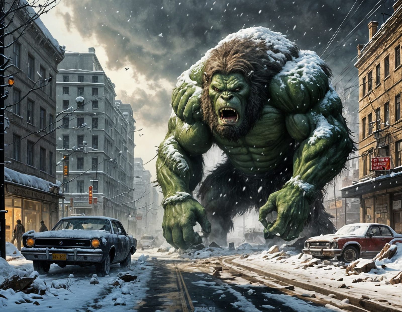 Post-Apocalyptic Cityscape: Hulking Beast in Nuclear Ruins