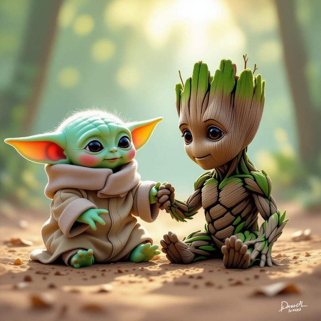 Baby Yoda and Groot Play Together in Comic Art Style