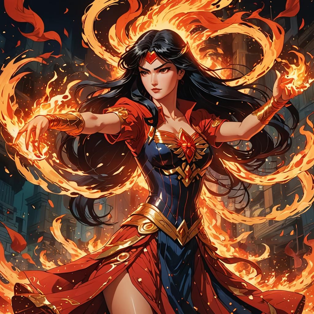 Fiery Figure in Dramatic Arabesque Pose