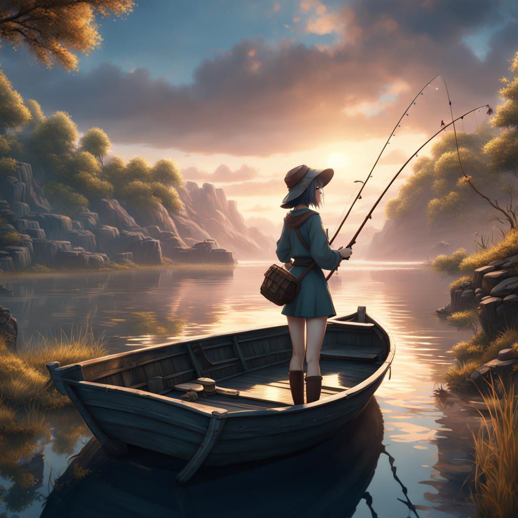 Anime Girl Fishing Boat: Detailed Matte Painting