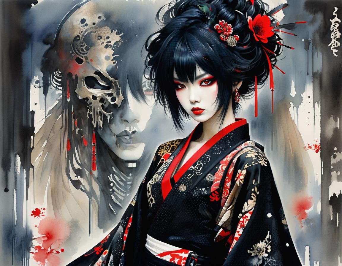 Punk Kimono Fashion Design in Watercolor Style