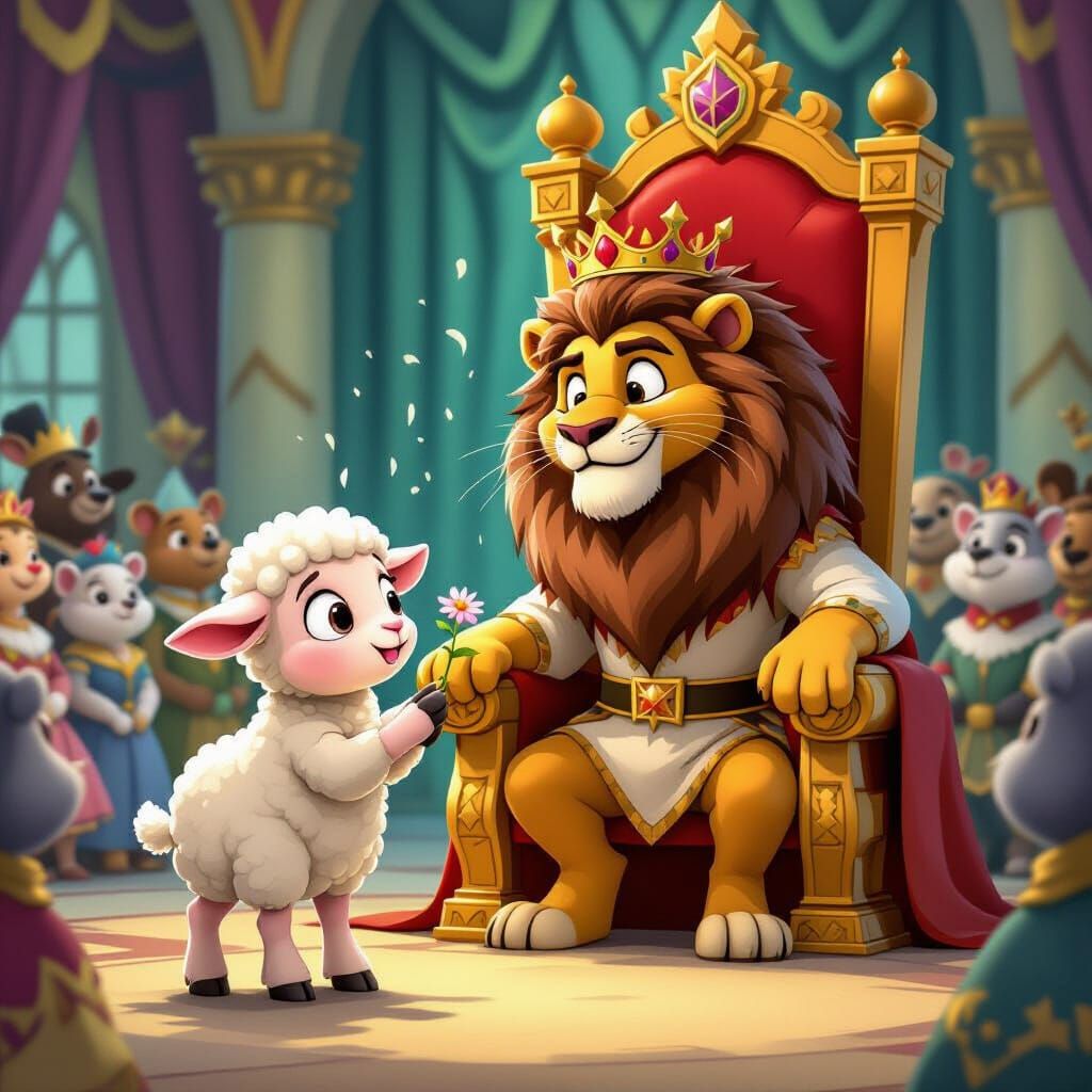 Cartoon Lamb's Gift to the Lion King