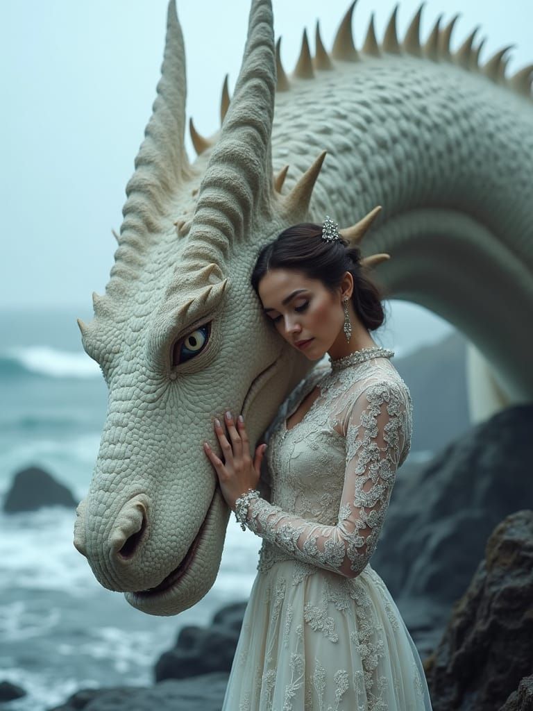 Regal Woman and White Dragon Intimate Portrait