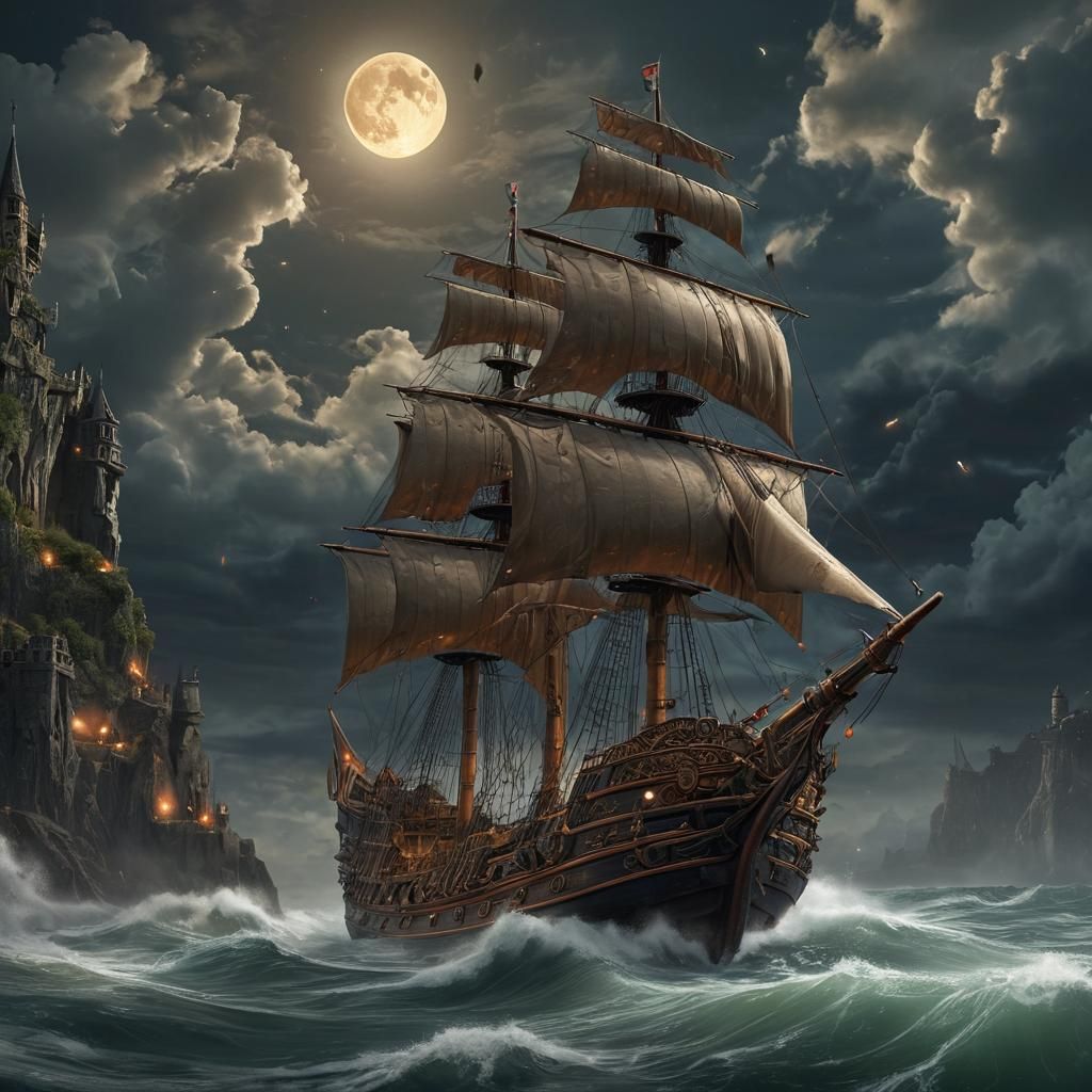 Fantasy Sailing Ship Near Castle, Anime-Inspired 3D Art