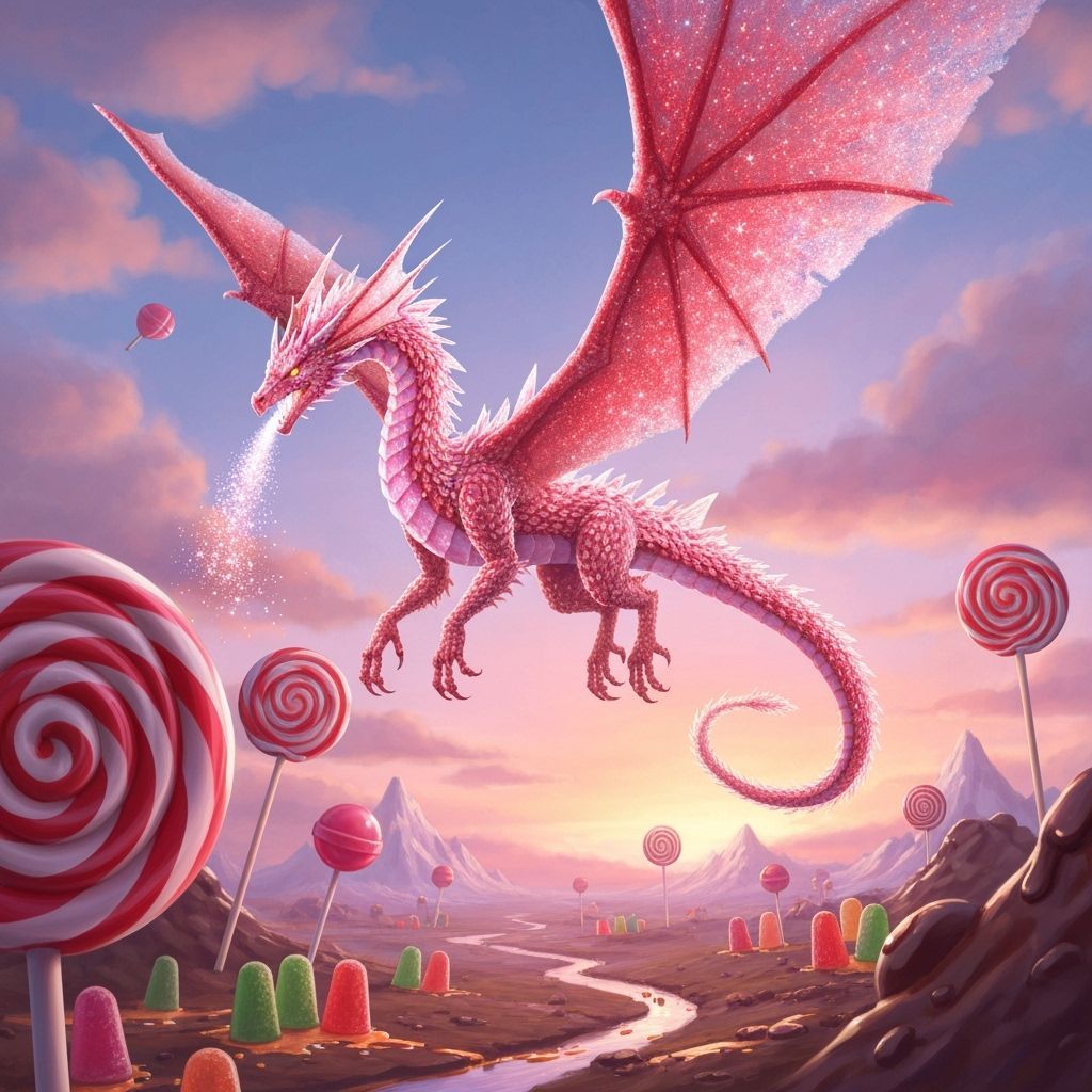 Candy Ribbon Dragon Soars Over Whimsical Lollipop Landscape
