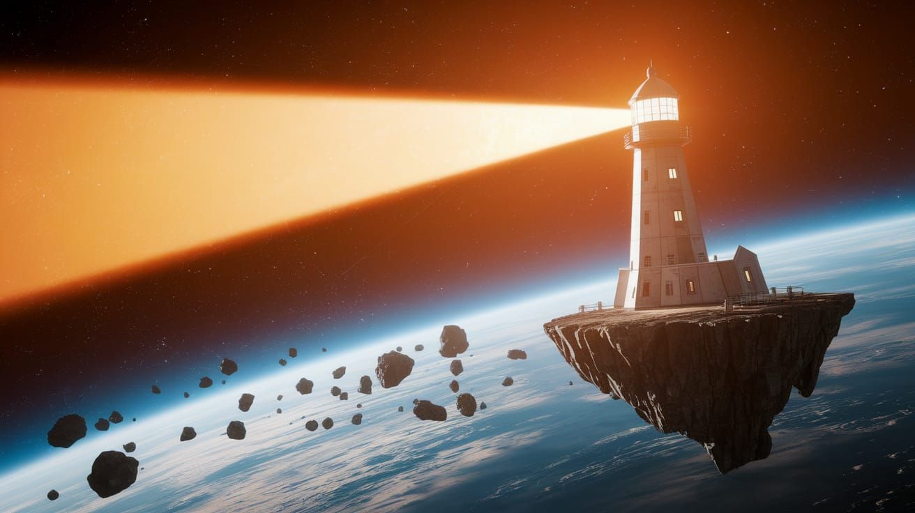 Sci-Fi Lighthouse Illuminates Asteroid Field