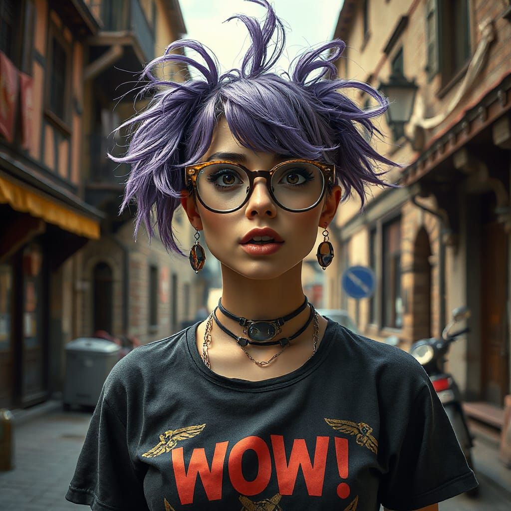 Futuristic Goddess in Medieval Street, Hyperrealistic Style