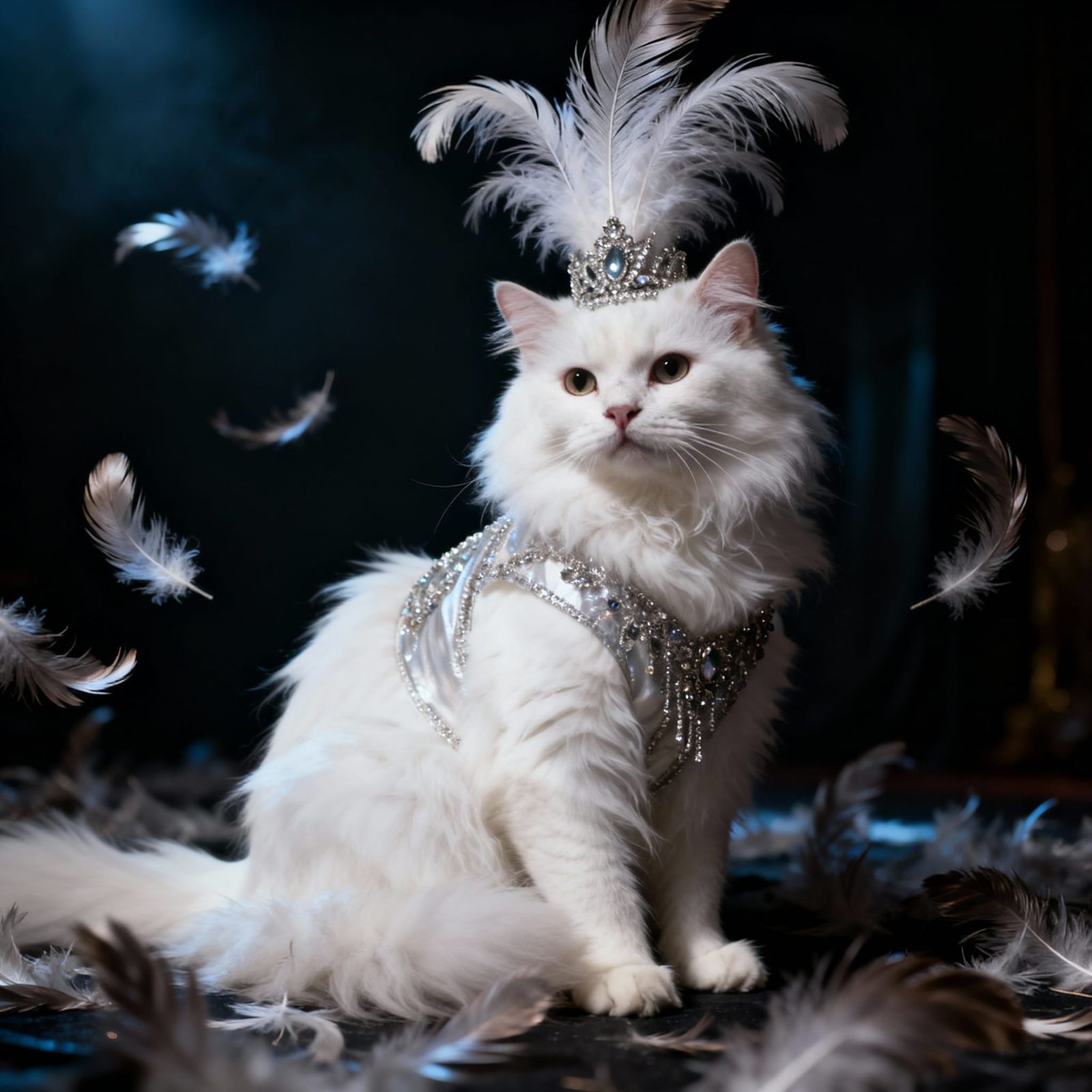 White Fluffy Cat Dressed as Showgirl with Feathers