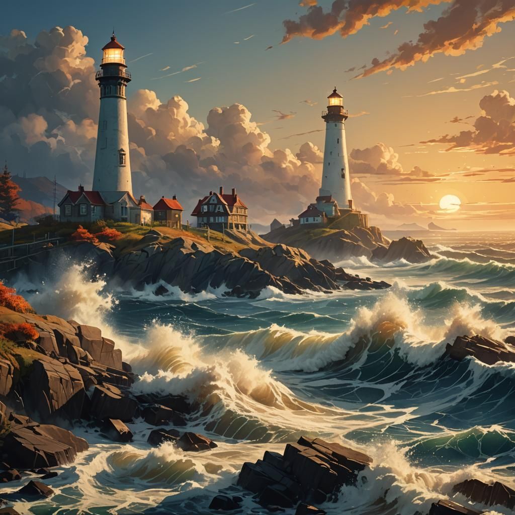 Lighthouse on Rocky Shore in Neo-Romantic Style