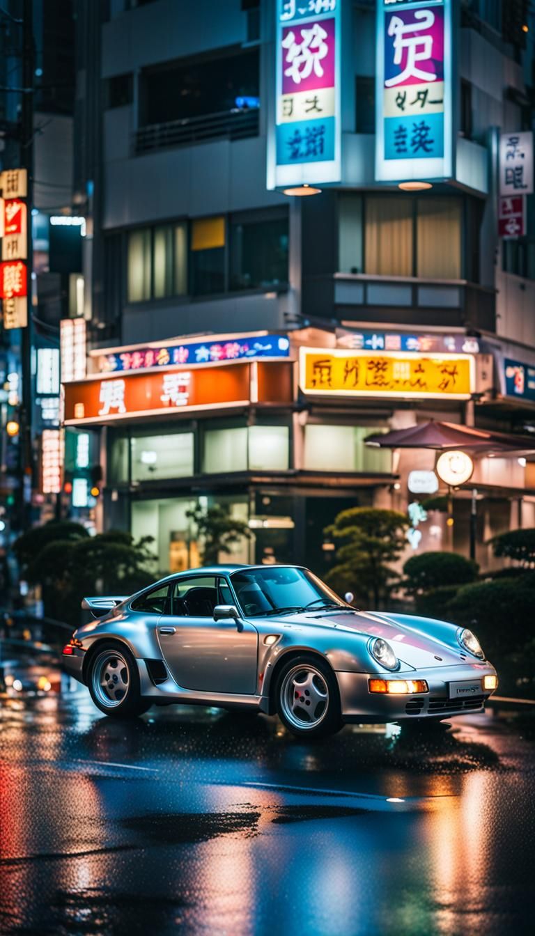 Silver Porsche 959 in Rainy Tokyo Night