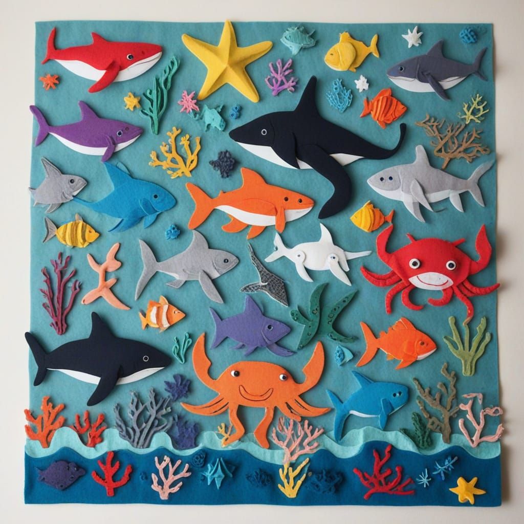 Under the sea made of felt with manta rays, crabs, fish, and sharks.