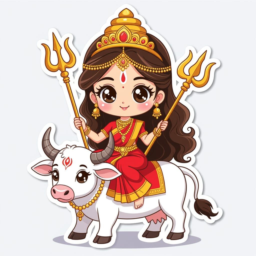 Kawaii Chibi Sticker of Goddess Shailaputri on White Bull