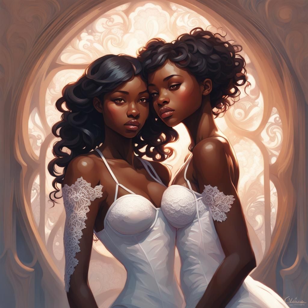 Beautiful Girls Kissing in Jungle, Detailed Oil Painting