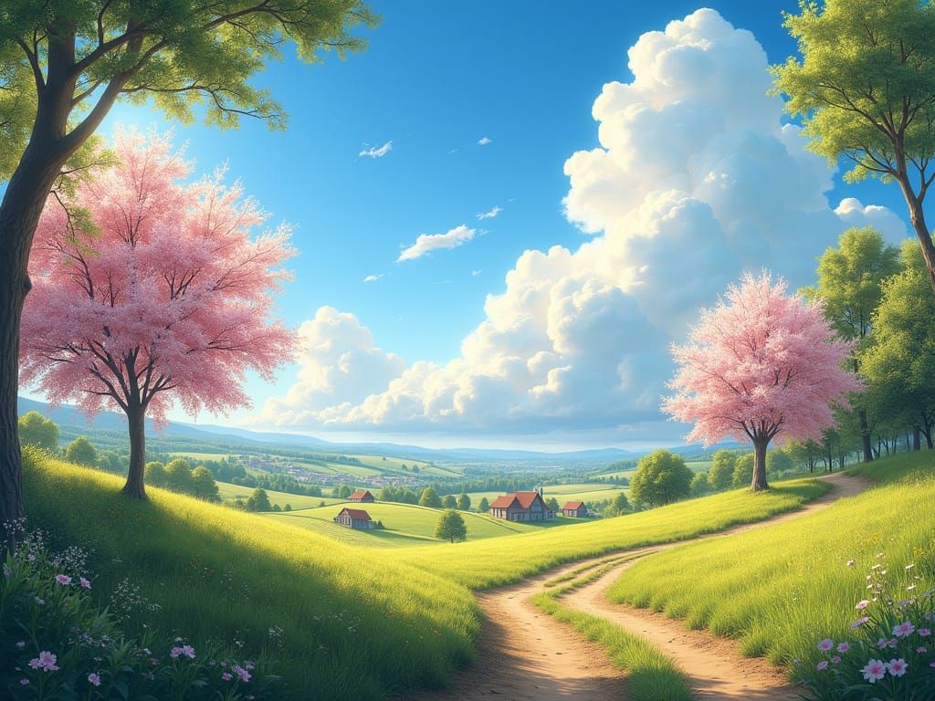 Springtime Fantasy Farmland Cloudscape with Blossoming Trees