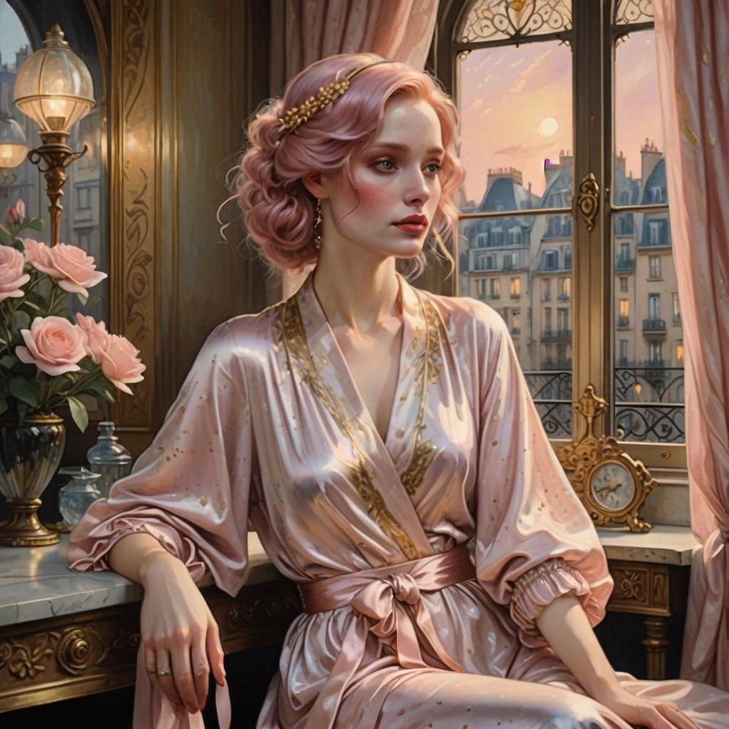 Parisian Woman at Vanity in Dreamy Semi-Realism Style