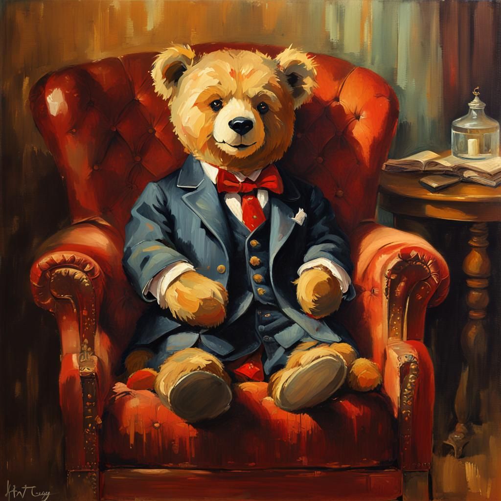 A vintage-style portrait of a well-loved teddy bear