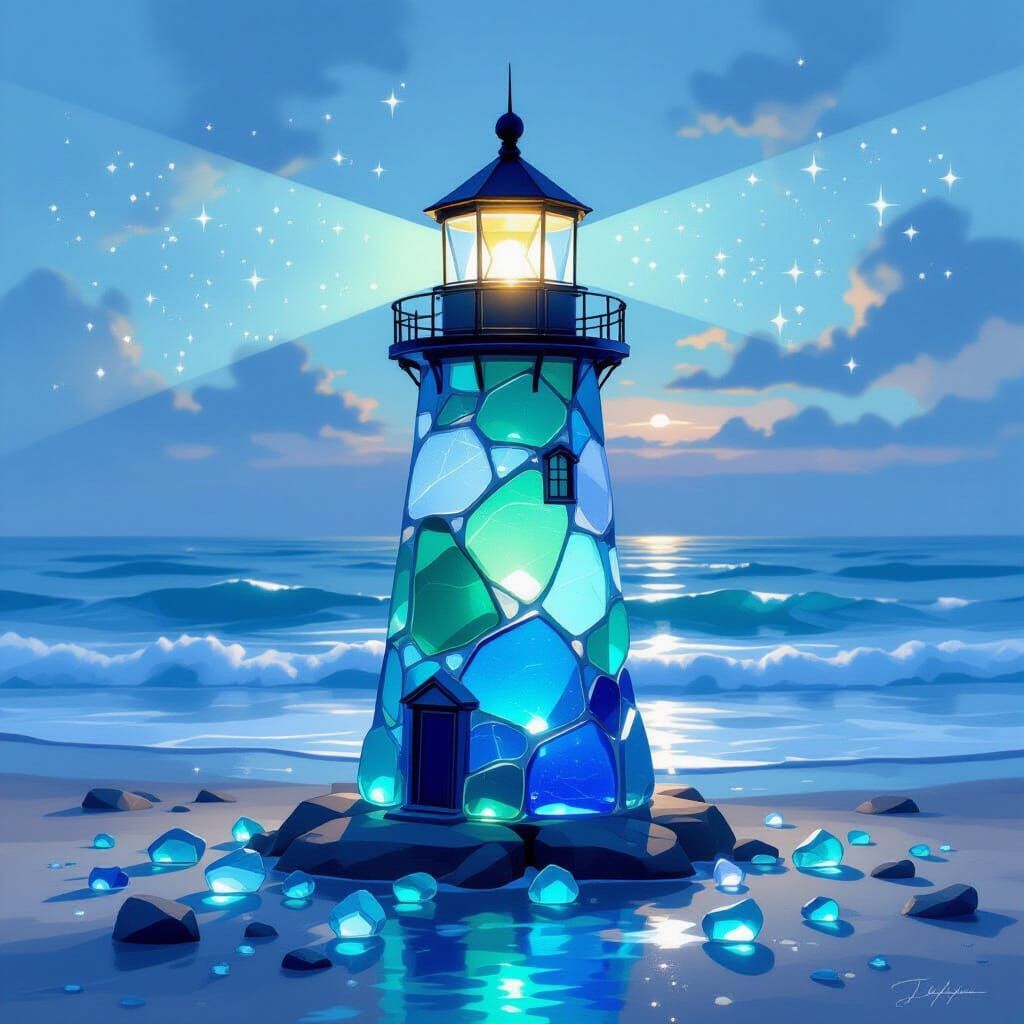 Whimsical Sea Glass Lighthouse in Twilight