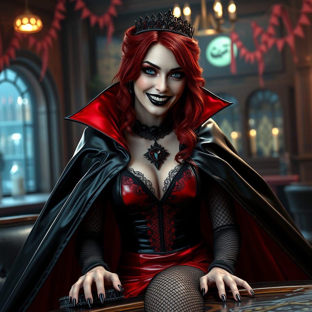 Gothic Vampire Goddess in Red and Black Attire