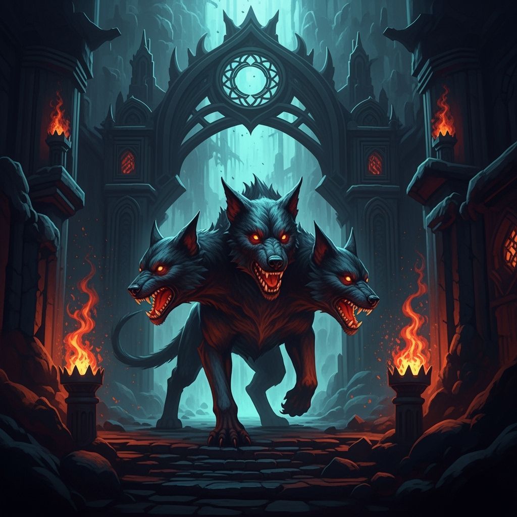 Majestic Three-Headed Cerberus Guards Underworld Gates