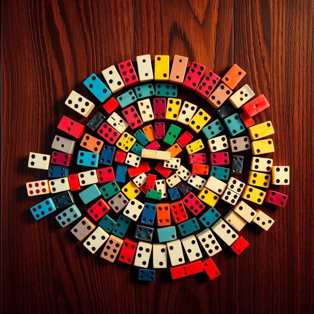 Vibrant Domino Mosaic in Rich Wood Grain