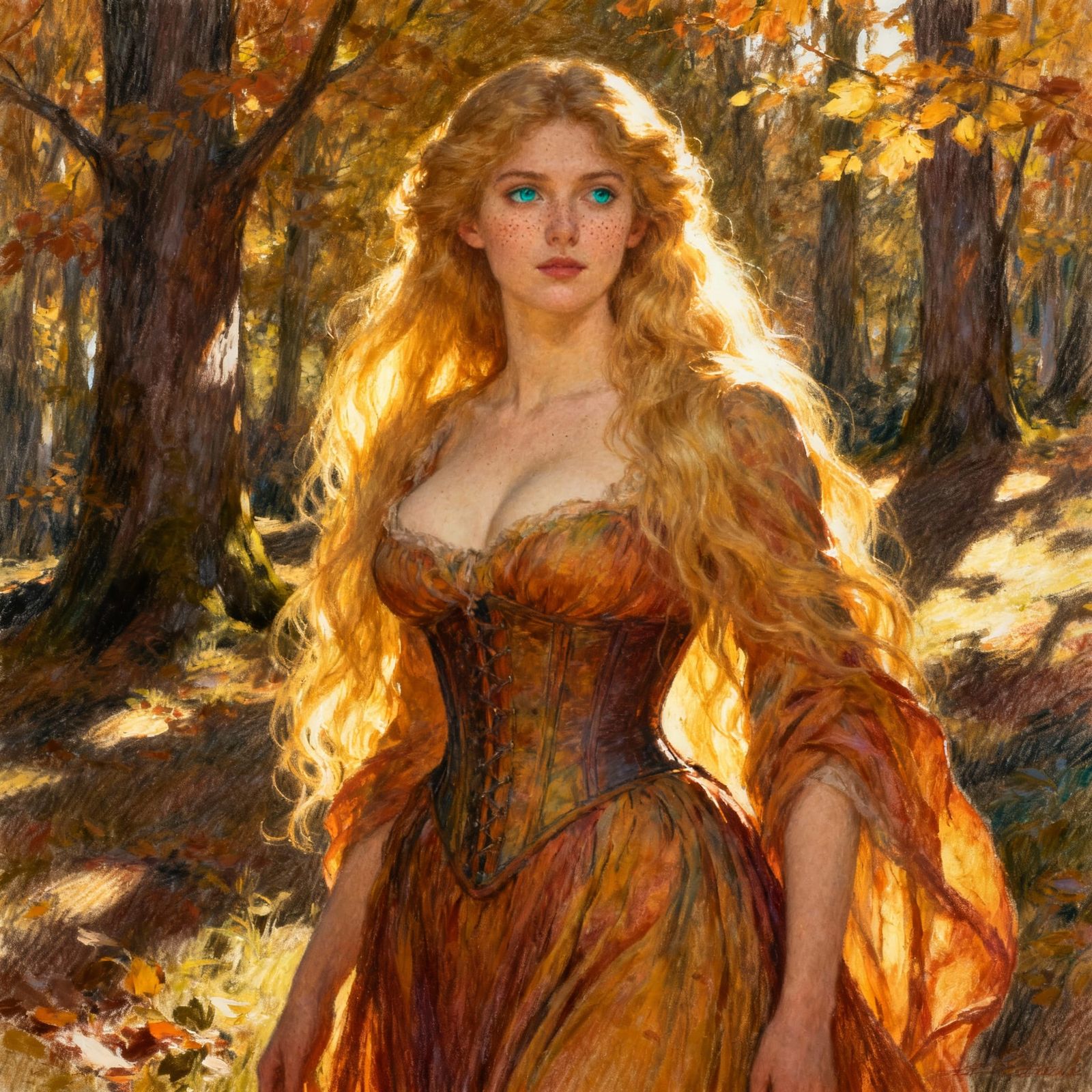 Beautiful Woman in Autumn Wood Sketch