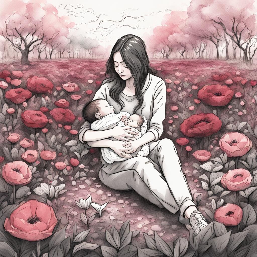 Mother and Child in Garden: Charcoal Manga Sketch
