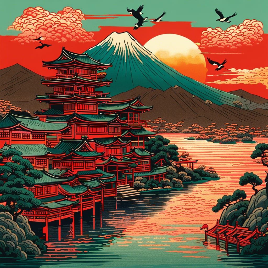 Ukiyo-e Sunset Landscape with Storks