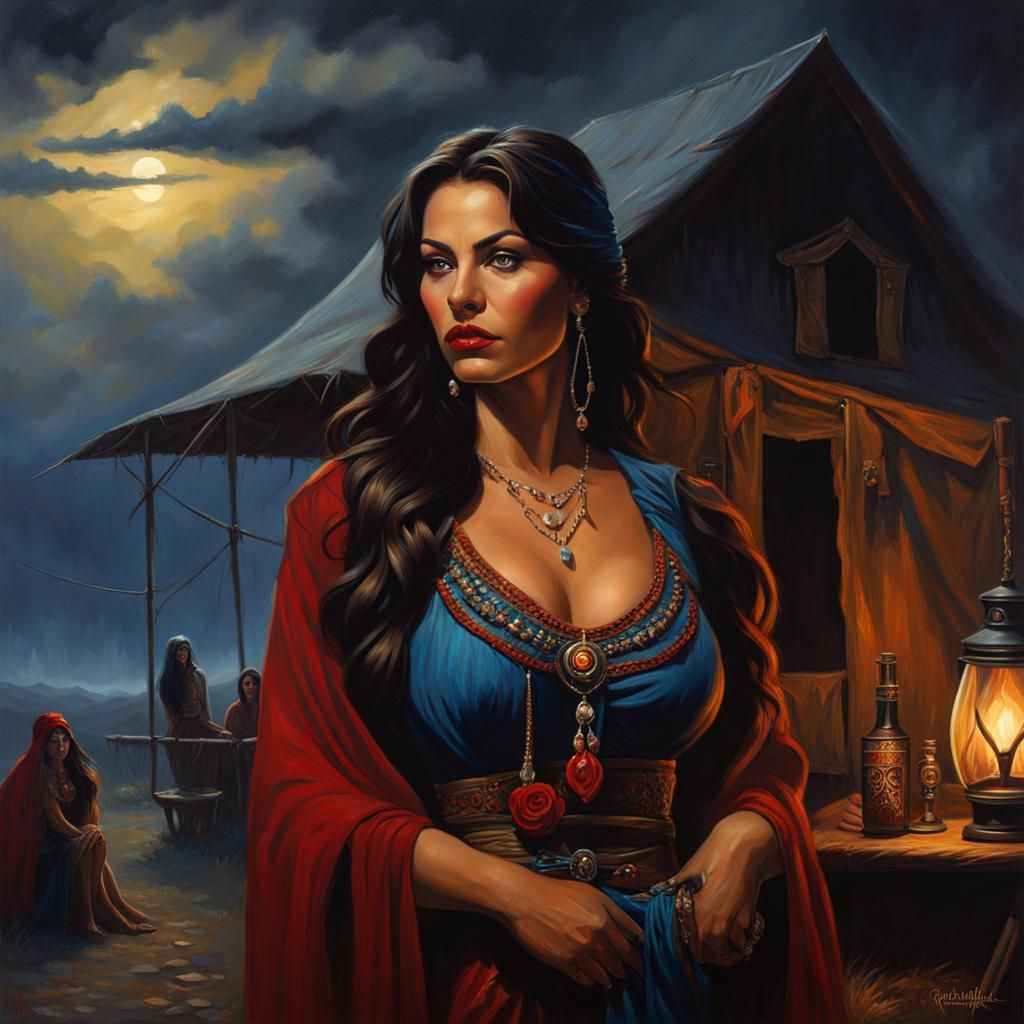 Gypsy Woman in Dark Camp: Oil Painting Style