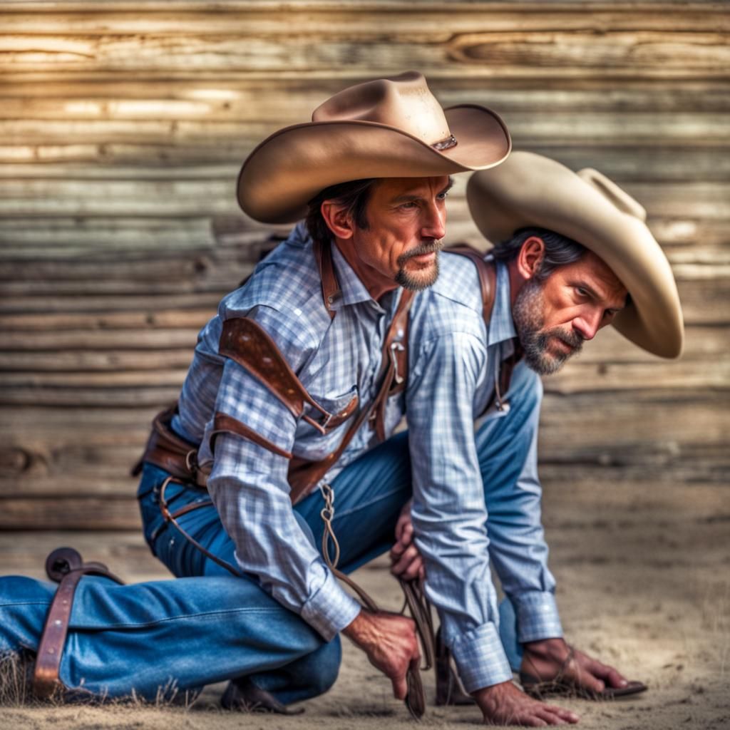Hyperrealistic Cowboy Mimics a Horse in Western Style