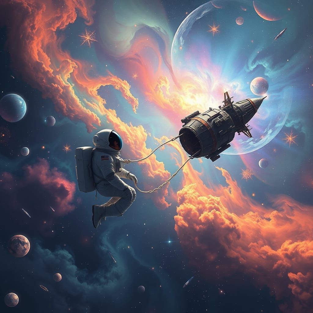 Astronaut Adrift Near Derelict Ship in Cosmic Nebula