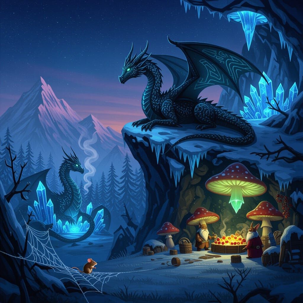 Surreal Dark-Fantasy World at Twilight with Dragons and Mice