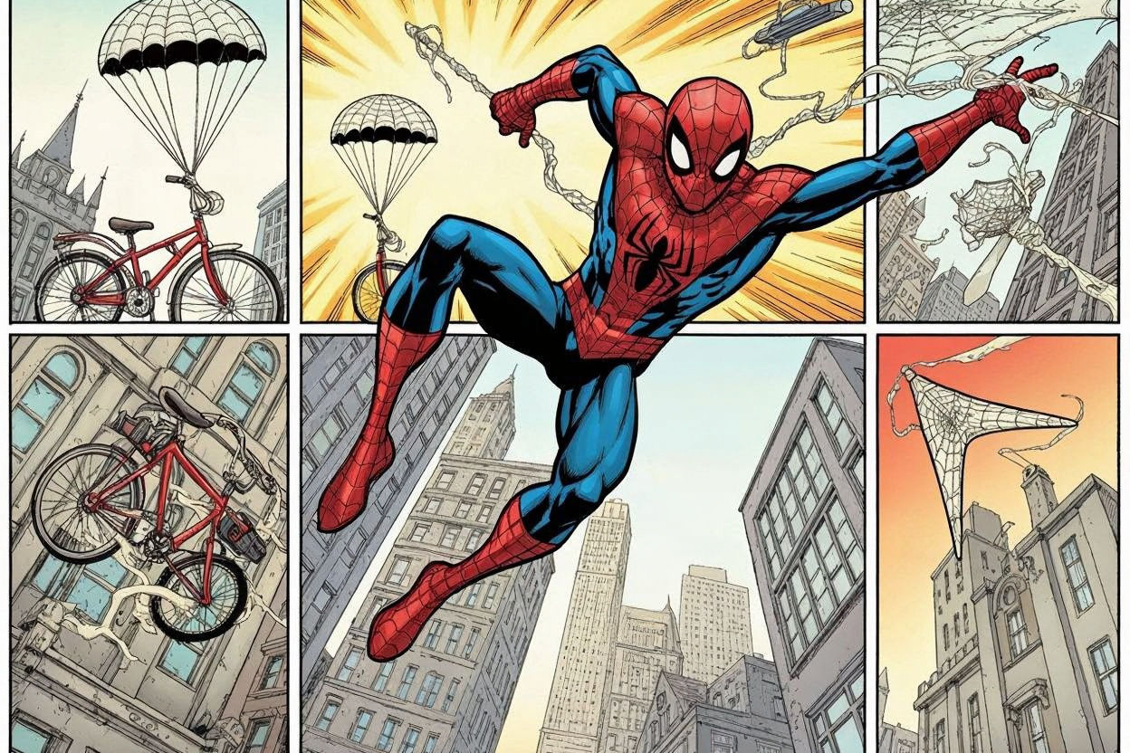 Spider-Hero Creates Web Objects in Comic Style