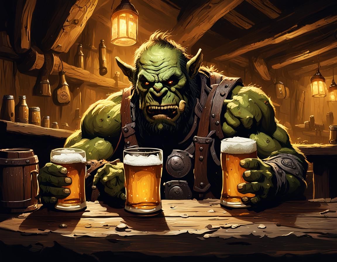 Orc Enjoying Ale in Dark Fantasy Tavern