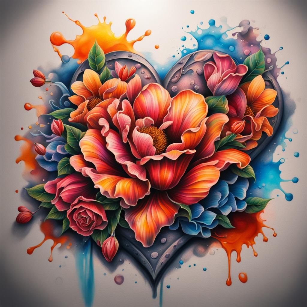 Hearts and Flowers Tattoo Design in Splash Art Style