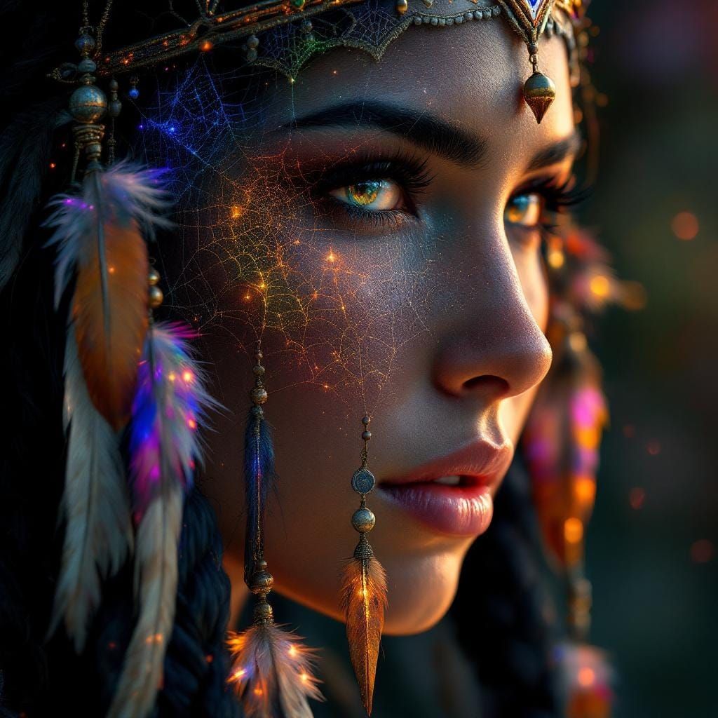 Elaborate Dreamcatcher with Native American Woman in 3D