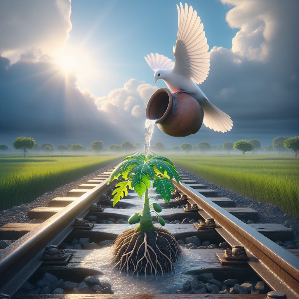 Dove Waters Papaya Plant Between Railway Tracks